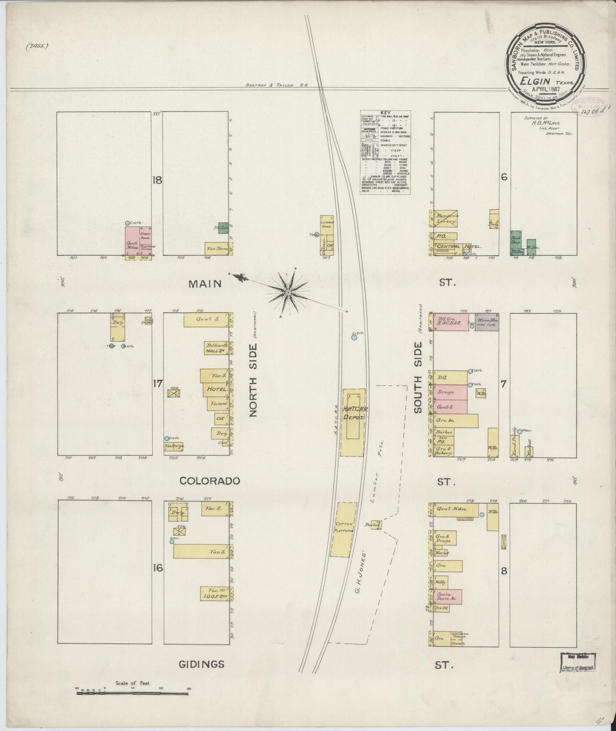 Sanborn Fire Insurance Map from Elgin, Bastrop County, Texas (1887), Sheet #0001 - Historic Sanborn Fire Insurance Map Print, vintage old map wall art, antique decor, genealogy gift, Texas Texas map