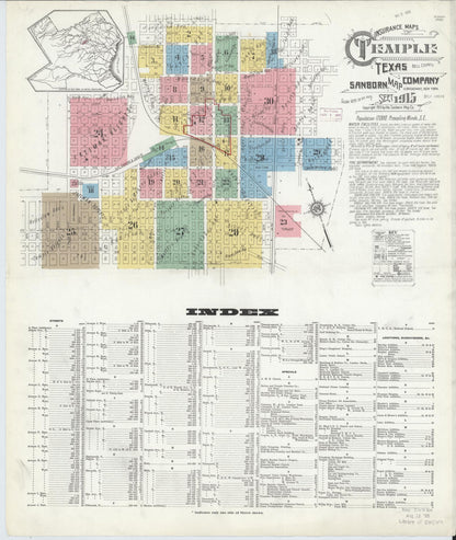 Sanborn Fire Insurance Map from Temple, Bell County, Texas (1915), Sheet #0001 - Historic Sanborn Fire Insurance Map Print, vintage old map wall art, antique decor, genealogy gift, Texas Texas map