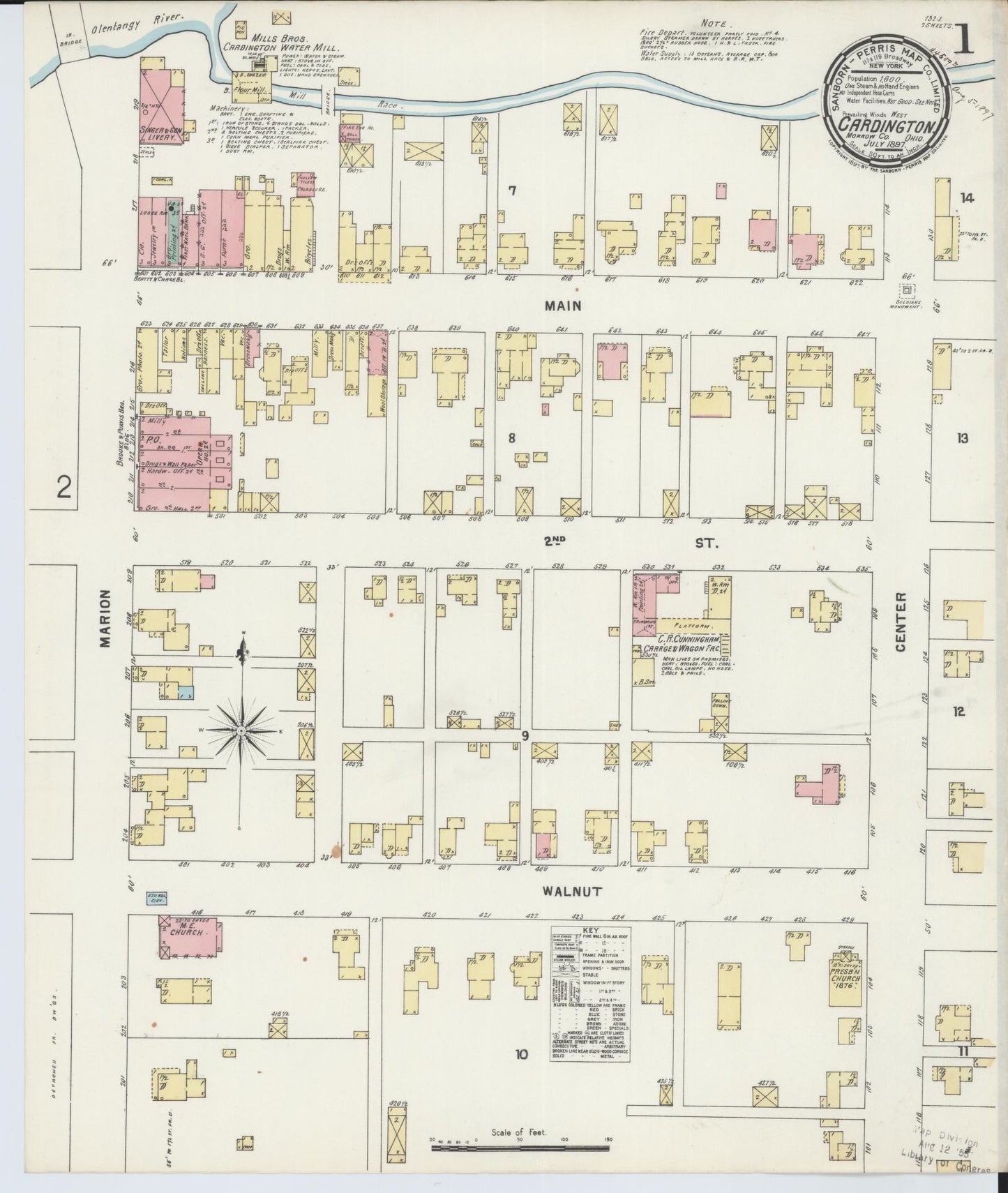Sanborn Fire Insurance Map from Cardington, Morrow County, Ohio (1897), Sheet #0001 - Historic Sanborn Fire Insurance Map Print, vintage old map wall art, antique decor, genealogy gift, Ohio Ohio map