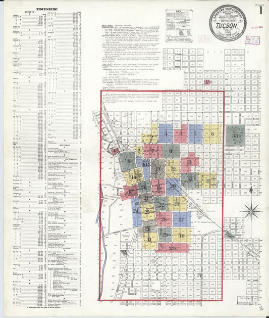 Sanborn Fire Insurance Map from Tucson, Pima County, Arizona (1909), Sheet #0001 - Complete Map Set gallery image, historic Sanborn map, vintage wall art, Arizona Arizona