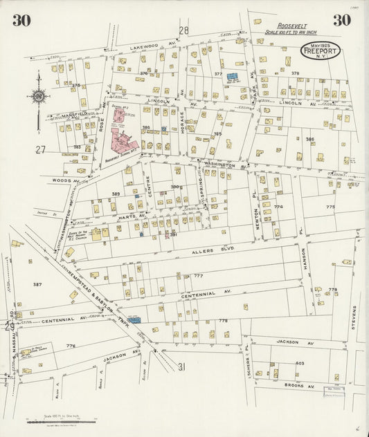 Sanborn Fire Insurance Map from Freeport, Nassau County, New York (1925), Sheet #0030 - Historic Sanborn Fire Insurance Map Print, vintage old map wall art, antique decor, genealogy gift, New York New York map