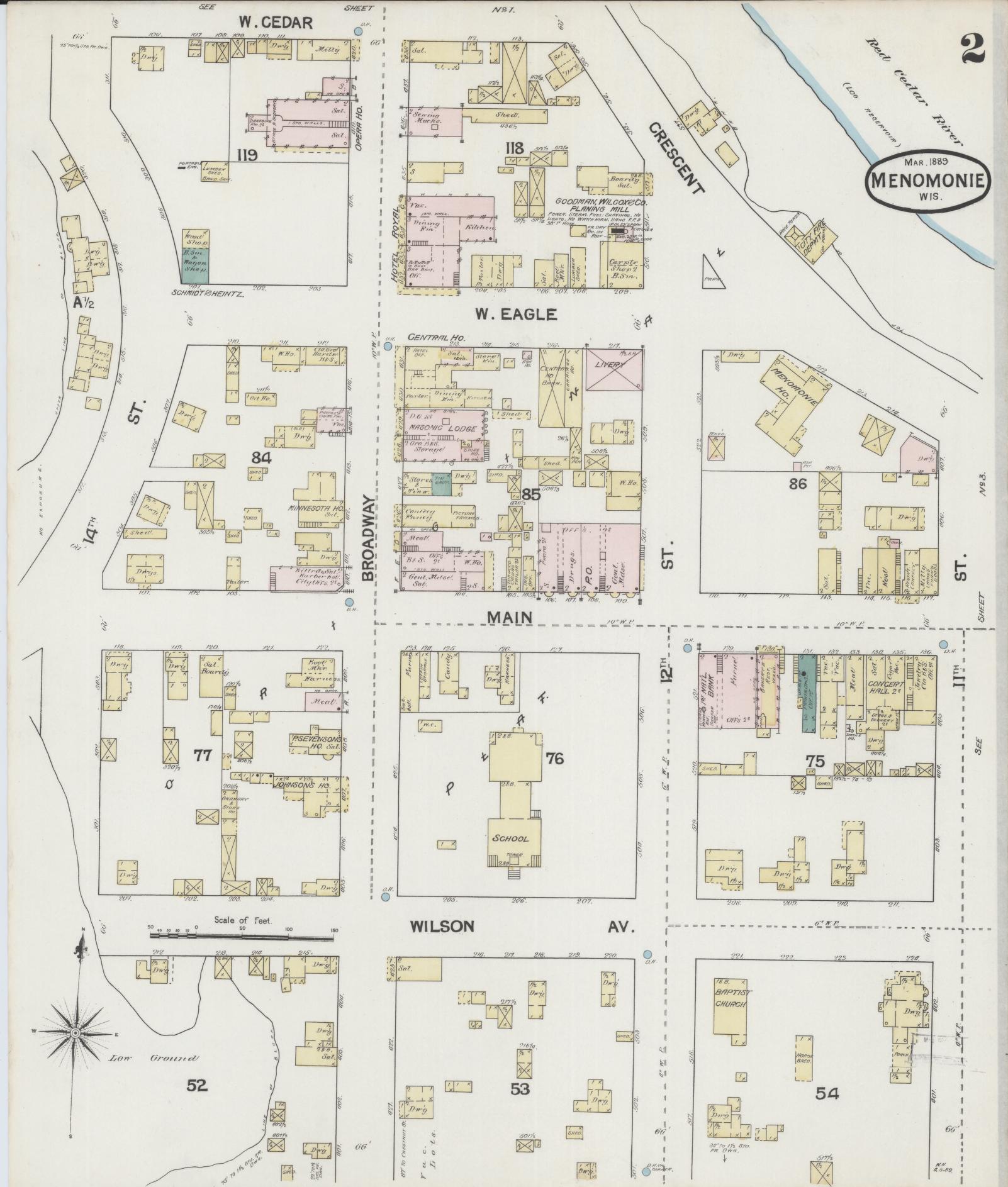Sanborn Fire Insurance Map from Menomonie, Dunn County, Wisconsin (1889), Sheet #0002 - Historic Sanborn Fire Insurance Map Print, vintage old map wall art, antique decor, genealogy gift, Wisconsin Wisconsin map