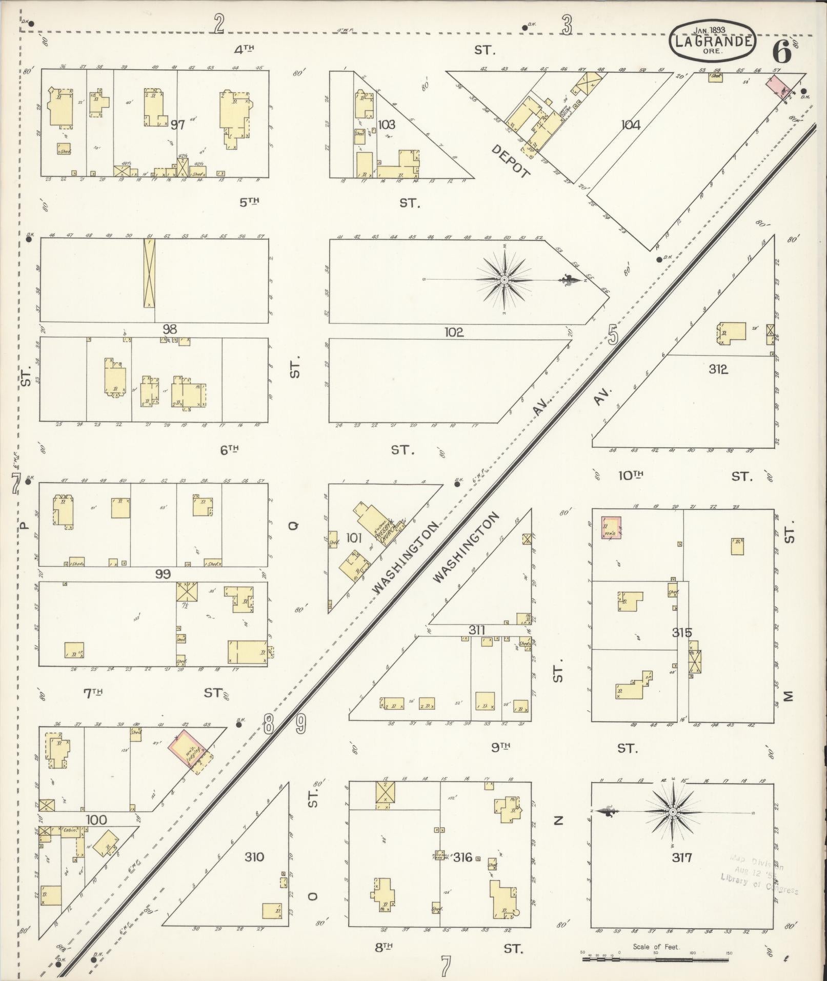 Sanborn Fire Insurance Map from La Grande, Union County, Oregon (1893), Sheet #0006 - Historic Sanborn Fire Insurance Map Print, vintage old map wall art, antique decor, genealogy gift, Oregon Oregon map