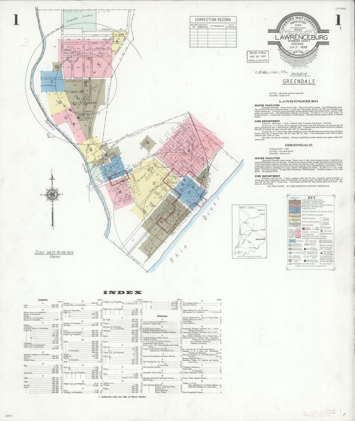Sanborn Fire Insurance Map from Lawrenceburg, Dearborn County, Indiana (1939), Sheet #0001 - Complete Map Set gallery image, historic Sanborn map, vintage wall art, Indiana Indiana