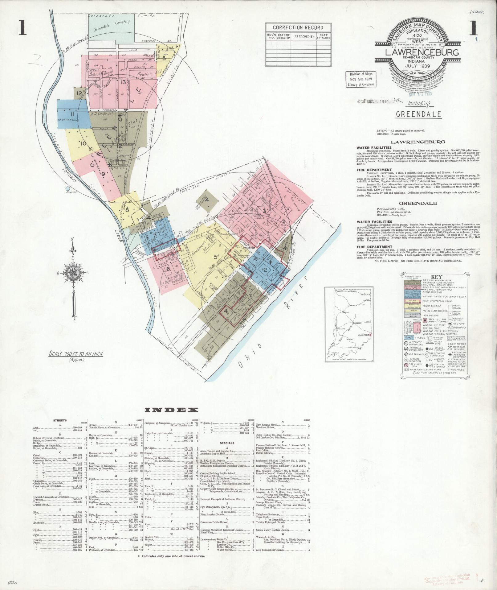 Sanborn Fire Insurance Map from Lawrenceburg, Dearborn County, Indiana (1939), Sheet #0001 - Complete Map Set gallery image, historic Sanborn map, vintage wall art, Indiana Indiana