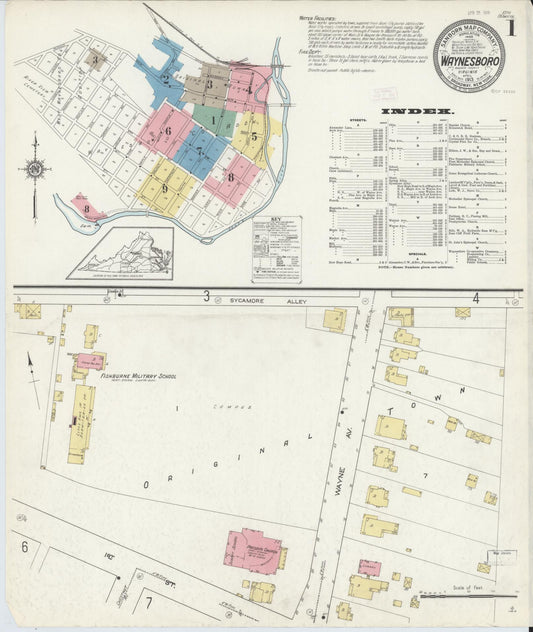 Sanborn Fire Insurance Map from Waynesboro, Independent Cities, Virginia (1913), Sheet #0001 - Complete Map Set gallery image, historic Sanborn map, vintage wall art, Virginia Virginia