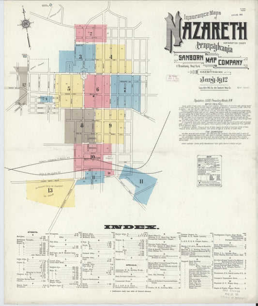 Sanborn Fire Insurance Map from Nazareth, Northampton County, Pennsylvania (1912), Sheet #0001 - Historic Sanborn Fire Insurance Map Print, vintage old map wall art, antique decor, genealogy gift, Pennsylvania Pennsylvania map