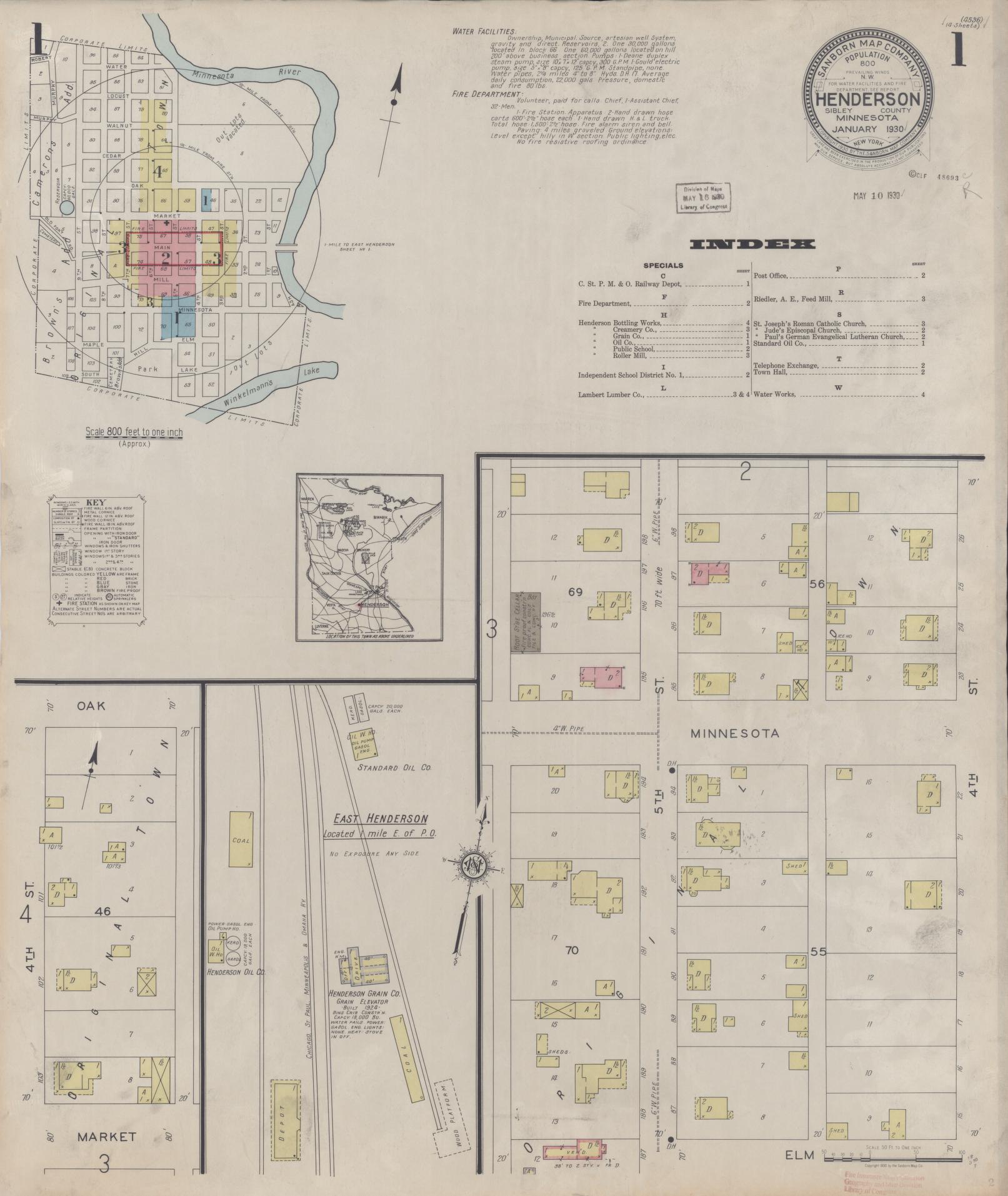 Sanborn Fire Insurance Map from Henderson, Sibley County, Minnesota (1930), Sheet #0001 - Historic Sanborn Fire Insurance Map Print, vintage old map wall art, antique decor, genealogy gift, Minnesota Minnesota map