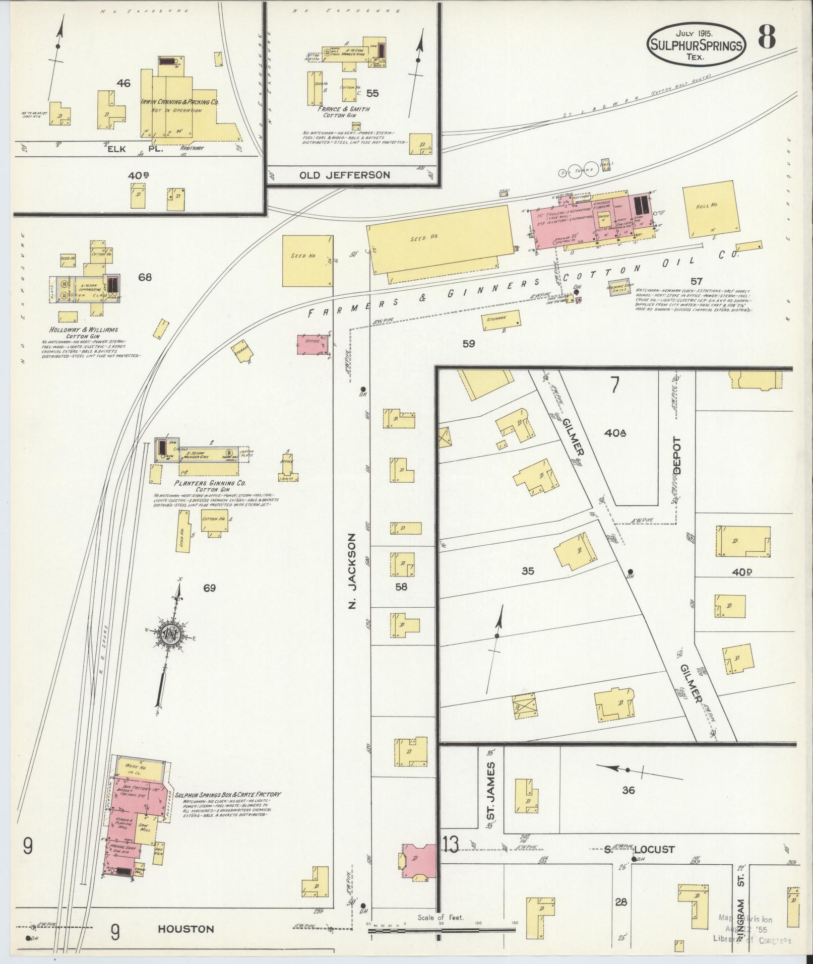 Sanborn Fire Insurance Map from Sulphur Springs, Hopkins County, Texas (1915), Sheet #0008 - Complete Map Set gallery image, historic Sanborn map, vintage wall art, Texas Texas