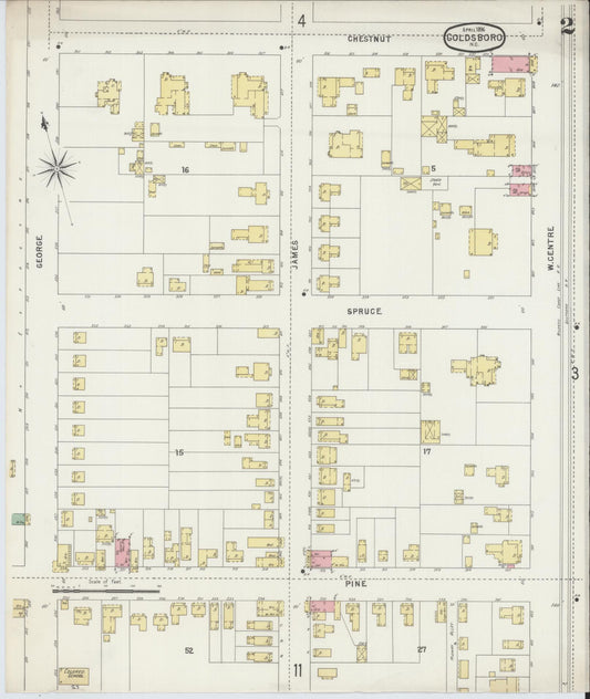 Sanborn Fire Insurance Map from Goldsboro, Wayne County, North Carolina (1896), Sheet #0002 - Historic Sanborn Fire Insurance Map Print, vintage old map wall art, antique decor, genealogy gift, North Carolina North Carolina map