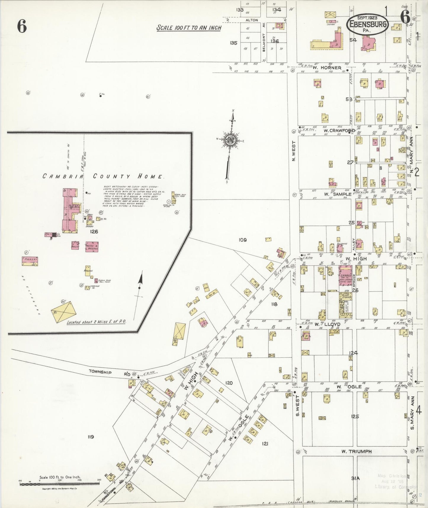 Sanborn Fire Insurance Map from Ebensburg, Cambria County, Pennsylvania (1923), Sheet #0006 - Historic Sanborn Fire Insurance Map Print, vintage old map wall art, antique decor, genealogy gift, Pennsylvania Pennsylvania map