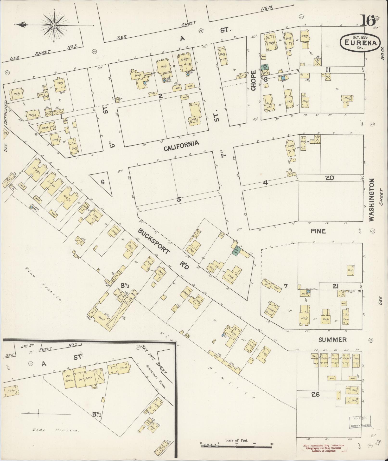 Sanborn Fire Insurance Map from Eureka, Humboldt County, California (1889), Sheet #0016 - Historic Sanborn Fire Insurance Map Print, vintage old map wall art, antique decor, genealogy gift, California California map
