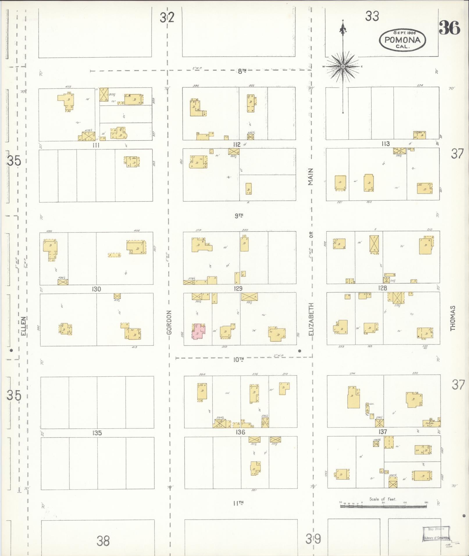 Sanborn Fire Insurance Map from Pomona, Los Angeles County, California (1906), Sheet #0036 - Complete Map Set gallery image, historic Sanborn map, vintage wall art, California California