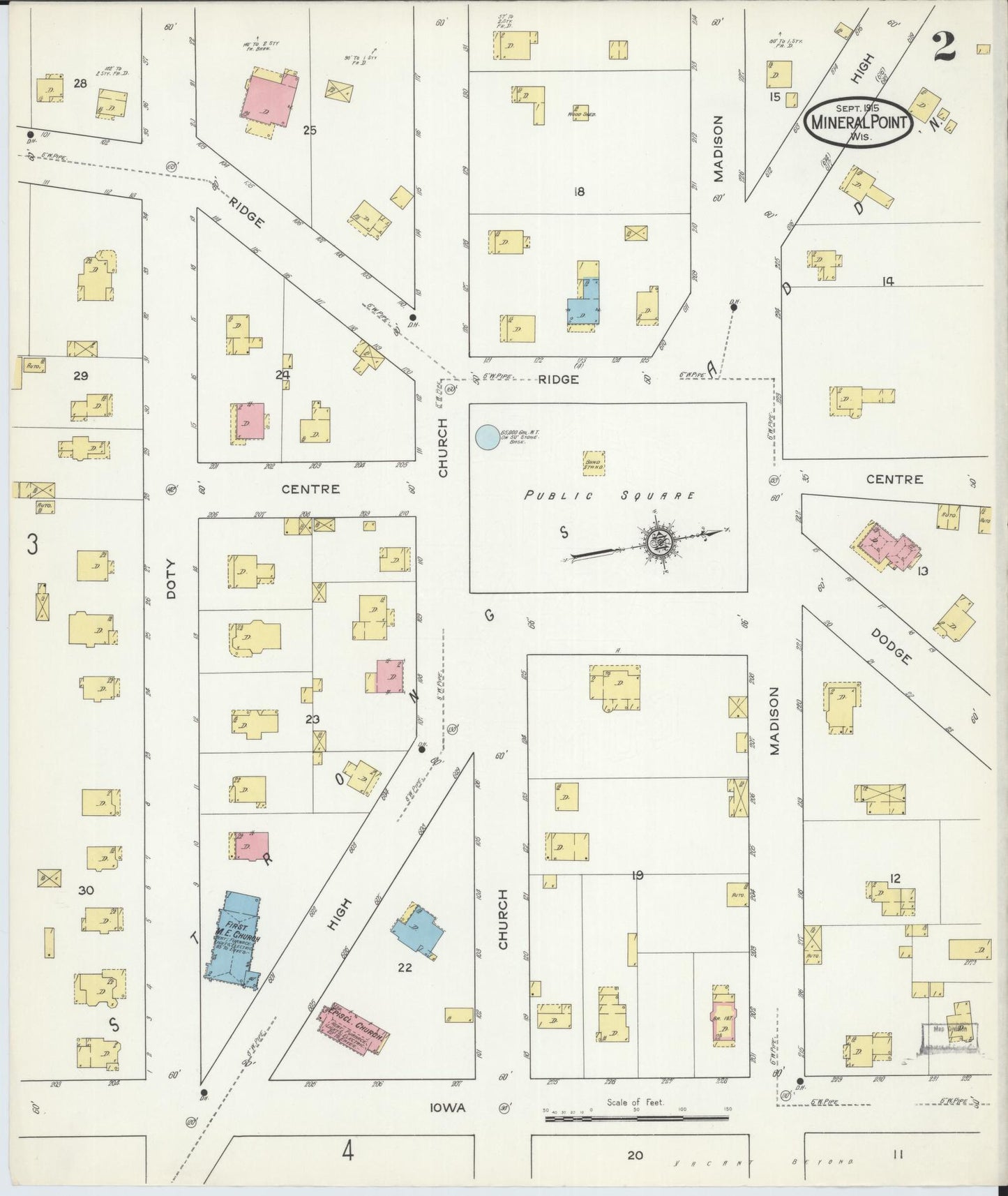 Sanborn Fire Insurance Map from Mineral Point, Iowa County, Wisconsin (1915), Sheet #0002 - Historic Sanborn Fire Insurance Map Print, vintage old map wall art, antique decor, genealogy gift, Wisconsin Wisconsin map