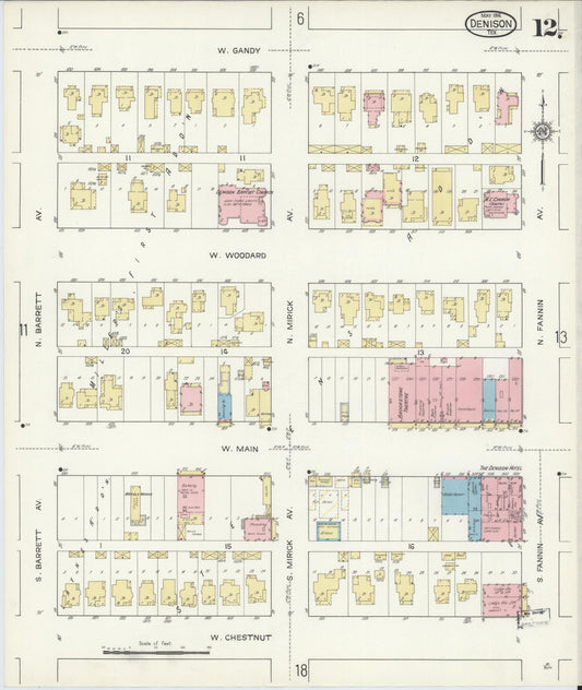 Sanborn Fire Insurance Map from Denison, Grayson County, Texas (1914), Sheet #0012 - Historic Sanborn Fire Insurance Map Print, vintage old map wall art, antique decor, genealogy gift, Texas Texas map