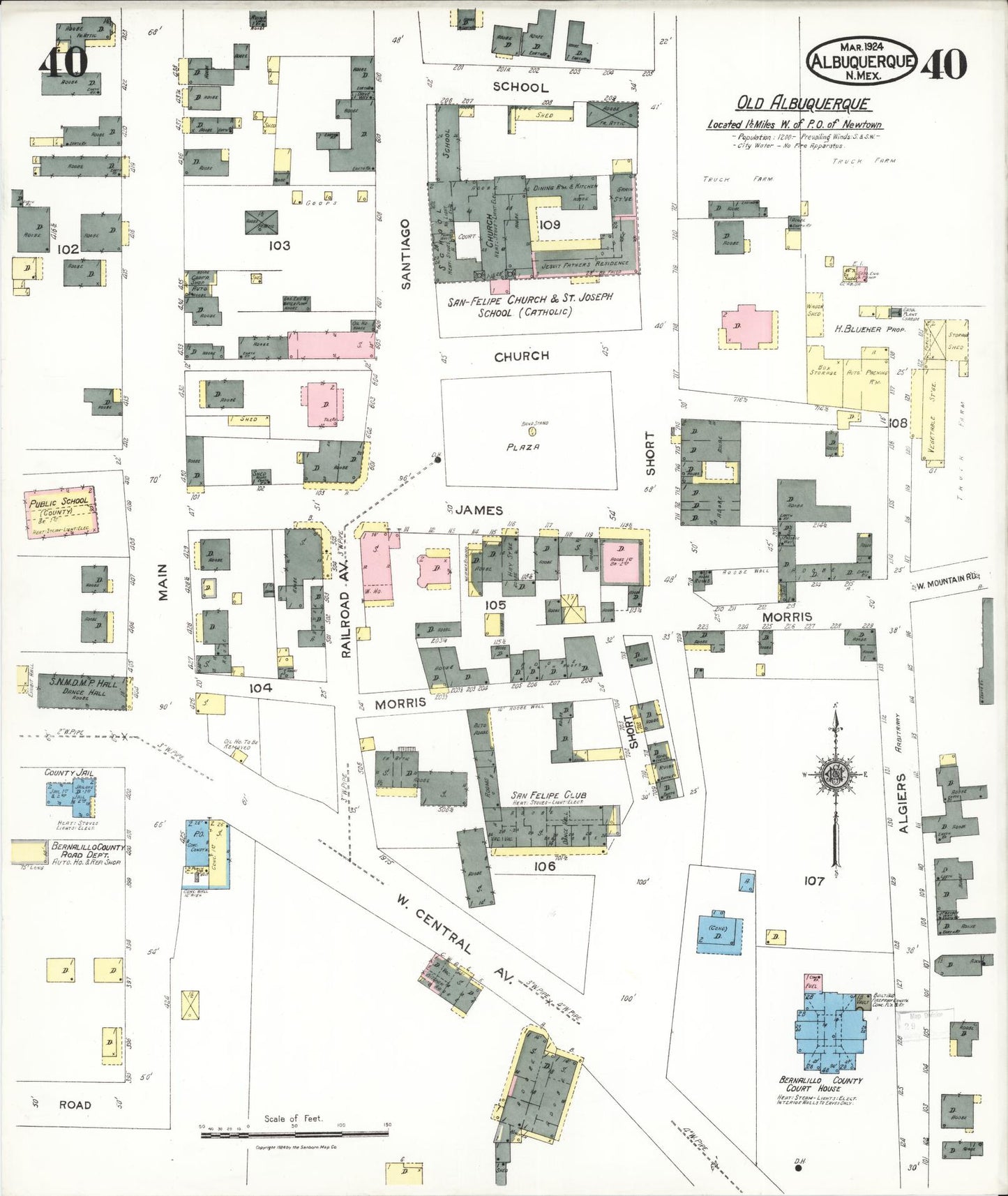 Sanborn Fire Insurance Map from Albuquerque, Bernalillo County, New Mexico (1924), Sheet #0040 - Historic Sanborn Fire Insurance Map Print, vintage old map wall art, antique decor, genealogy gift, New Mexico New Mexico map