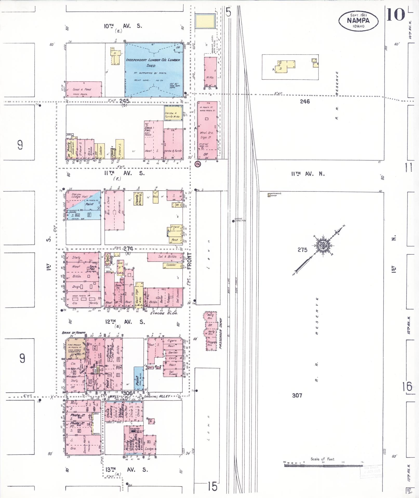 Sanborn Fire Insurance Map from Nampa, Canyon County, Idaho (1911), Sheet #0010 - Historic Sanborn Fire Insurance Map Print, vintage old map wall art, antique decor, genealogy gift, Idaho Idaho map