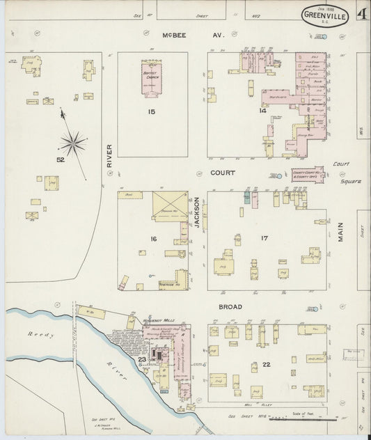 Sanborn Fire Insurance Map from Greenville, Greenville County, South Carolina (1888), Sheet #0004 - Historic Sanborn Fire Insurance Map Print, vintage old map wall art, antique decor, genealogy gift, South Carolina South Carolina map