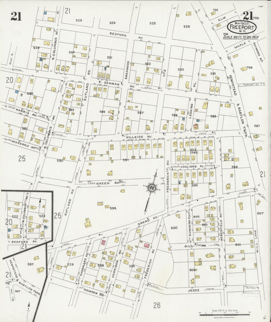 Sanborn Fire Insurance Map from Freeport, Nassau County, New York (1925), Sheet #0021 - Historic Sanborn Fire Insurance Map Print, vintage old map wall art, antique decor, genealogy gift, New York New York map