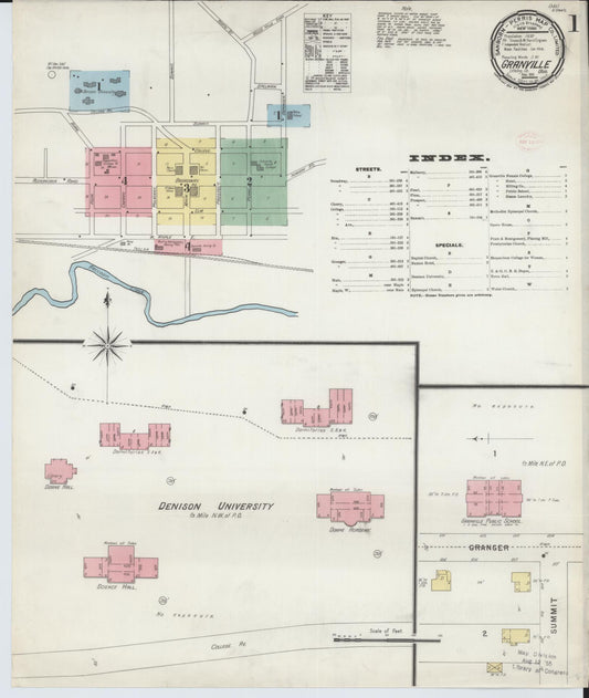 Sanborn Fire Insurance Map from Granville, Licking County, Ohio (1896), Sheet #0001 - Historic Sanborn Fire Insurance Map Print, vintage old map wall art, antique decor, genealogy gift, Ohio Ohio map