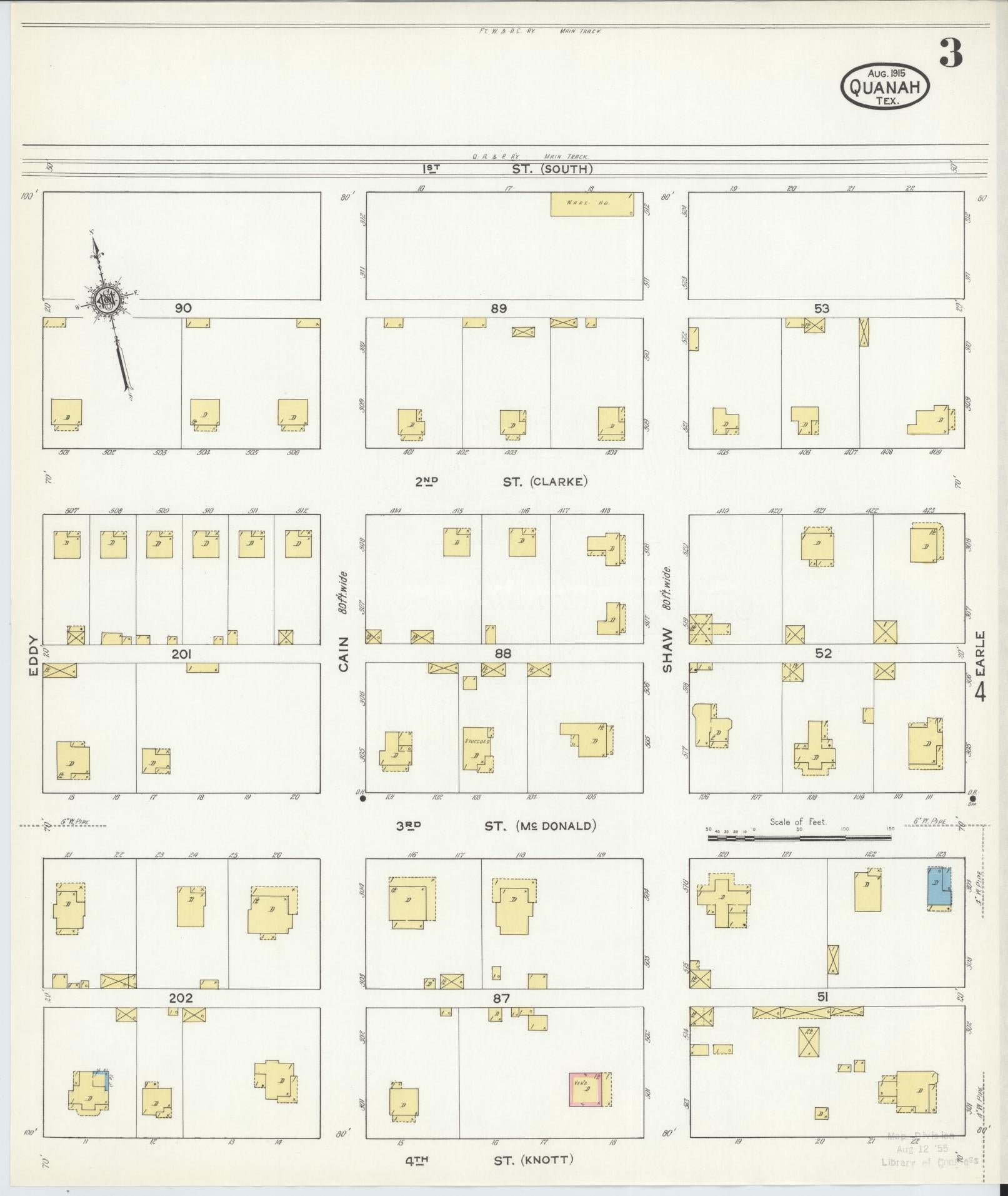 Sanborn Fire Insurance Map from Quanah, Hardeman County, Texas (1915), Sheet #0003 - Historic Sanborn Fire Insurance Map Print, vintage old map wall art, antique decor, genealogy gift, Texas Texas map