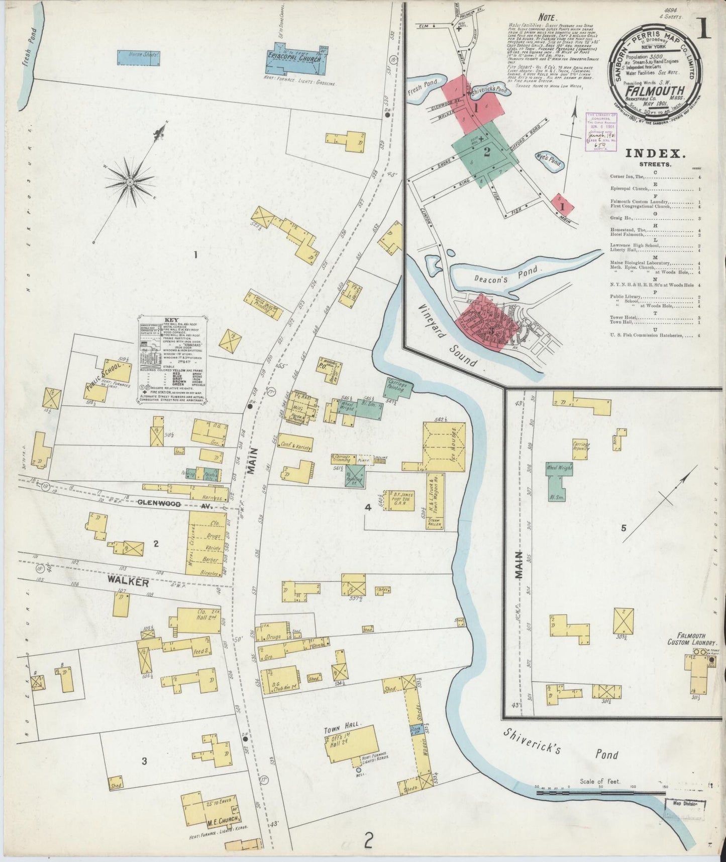 Sanborn Fire Insurance Map from Falmouth, Barnstable County, Massachusetts (1901), Sheet #0001 - Complete Map Set gallery image, historic Sanborn map, vintage wall art, Massachusetts Massachusetts