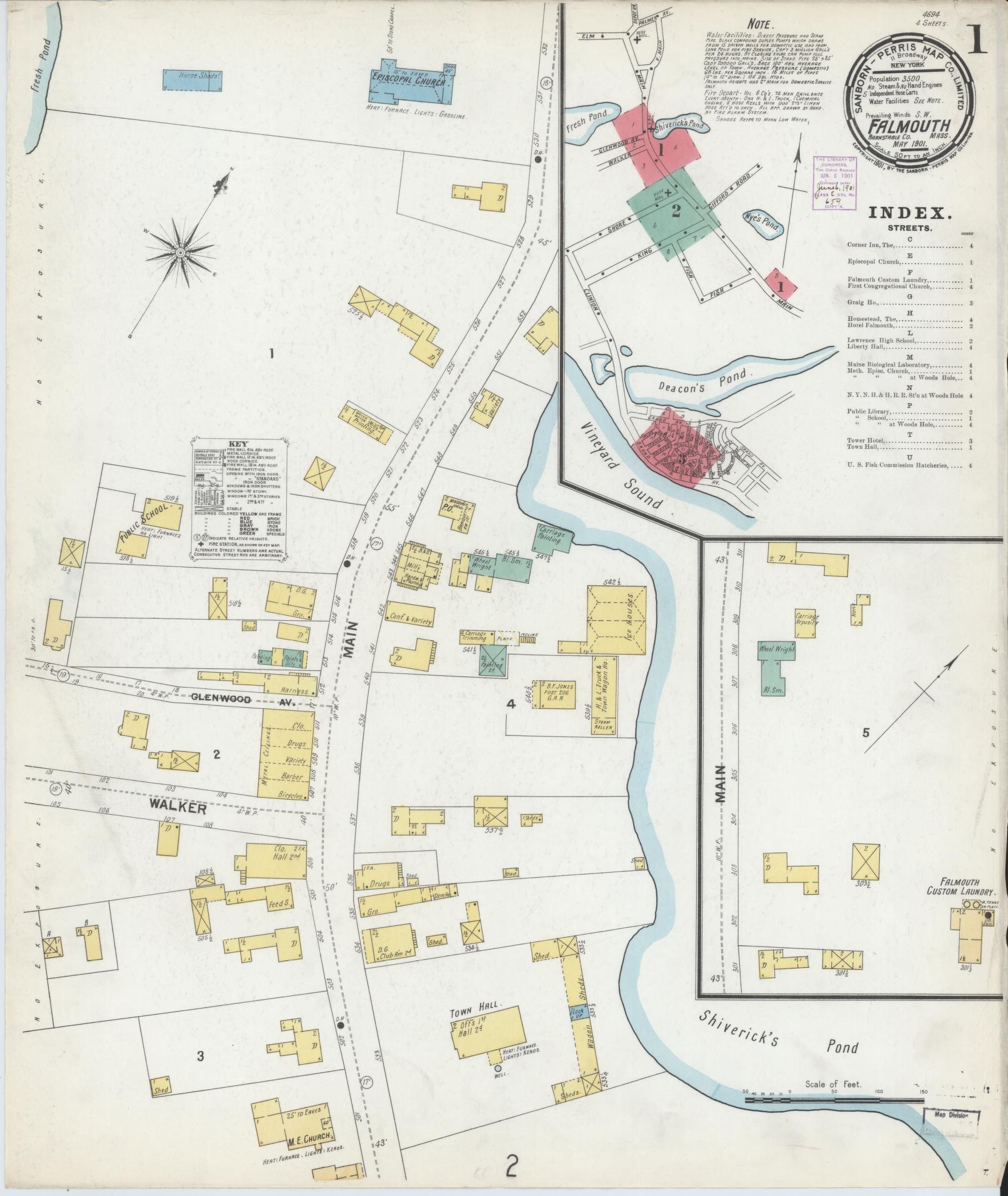 Sanborn Fire Insurance Map from Falmouth, Barnstable County, Massachusetts (1901), Sheet #0001 - Complete Map Set gallery image, historic Sanborn map, vintage wall art, Massachusetts Massachusetts