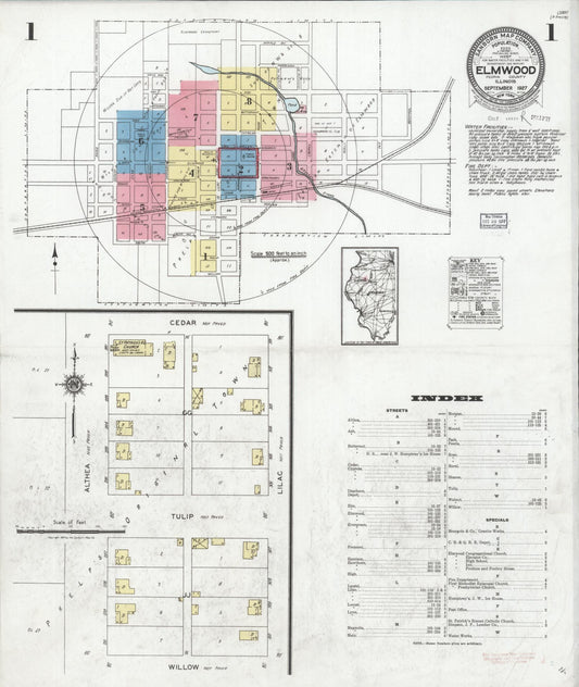 Sanborn Fire Insurance Map from Elmwood, Peoria County, Illinois (1927), Sheet #0001 - Historic Sanborn Fire Insurance Map Print, vintage old map wall art, antique decor, genealogy gift, Illinois Illinois map