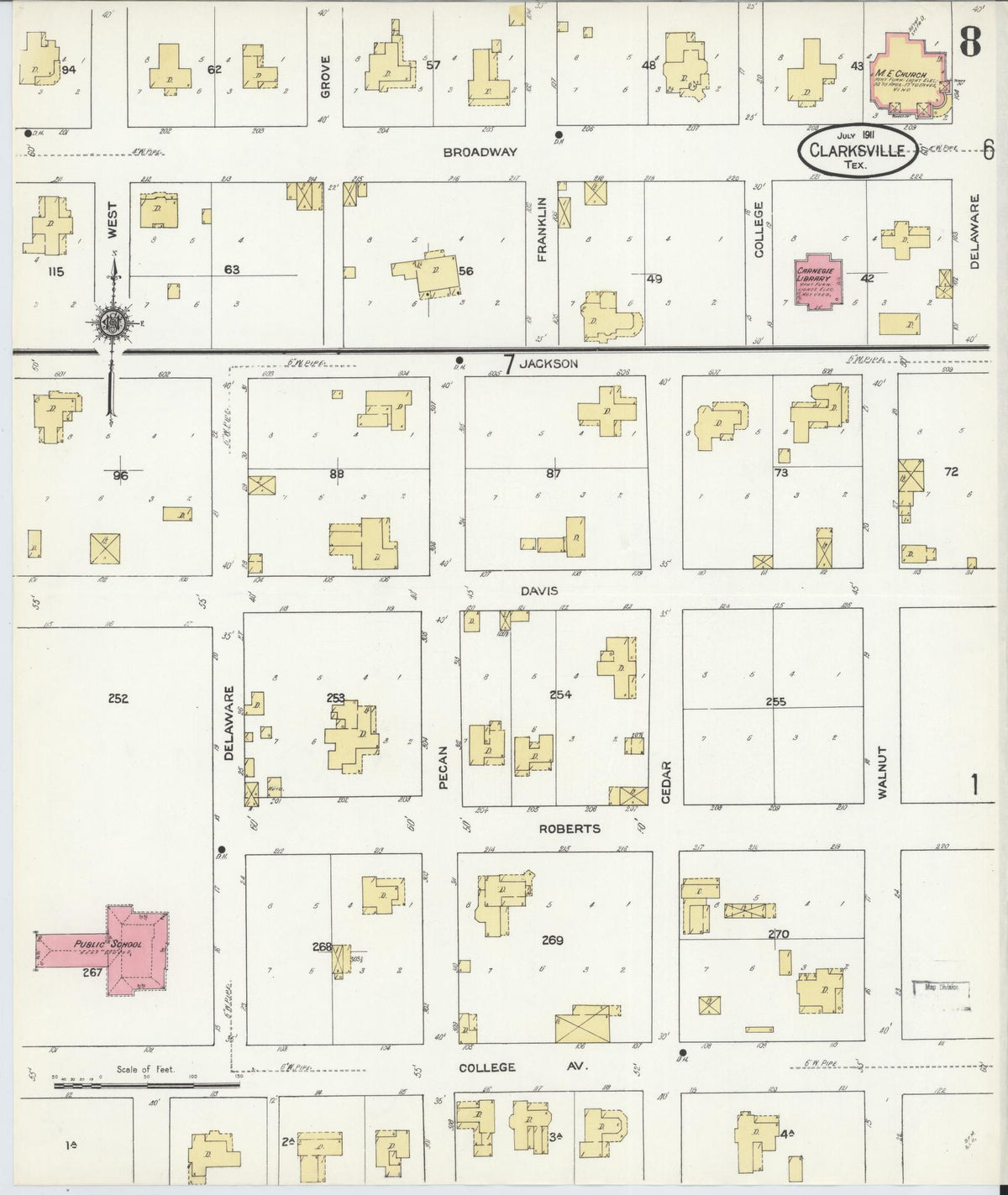 Sanborn Fire Insurance Map from Clarksville, Red River County, Texas (1911), Sheet #0008 - Complete Map Set gallery image, historic Sanborn map, vintage wall art, Texas Texas