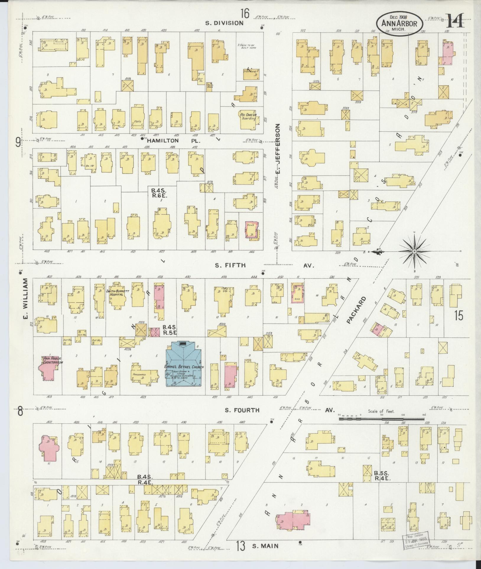 Sanborn Fire Insurance Map from Ann Arbor, Washtenaw County, Michigan (1908), Sheet #0014 - Complete Map Set gallery image, historic Sanborn map, vintage wall art, Michigan Michigan