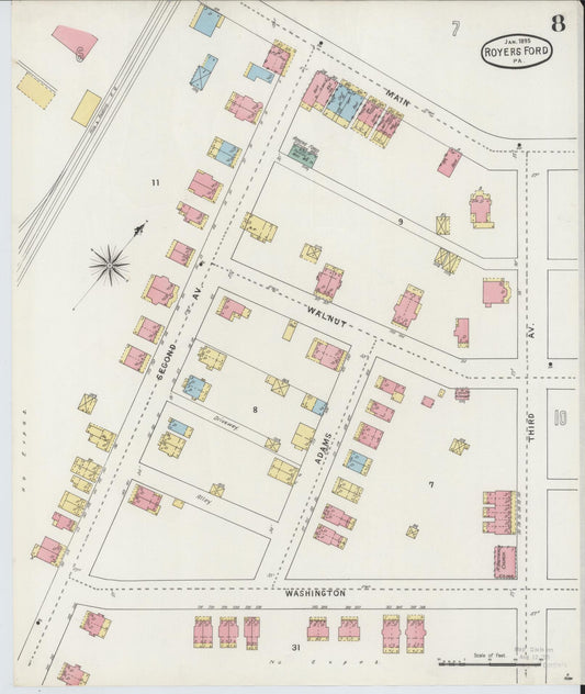 Sanborn Fire Insurance Map from Royersford, Montgomery County, Pennsylvania (1895), Sheet #0008 - Historic Sanborn Fire Insurance Map Print, vintage old map wall art, antique decor, genealogy gift, Pennsylvania Pennsylvania map