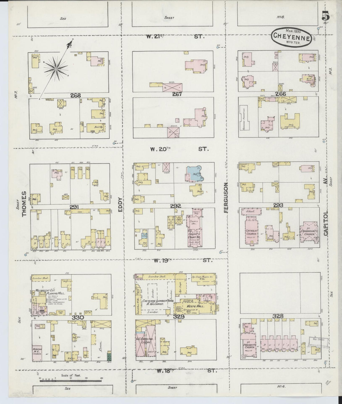 Sanborn Fire Insurance Map from Cheyenne, Laramie County, Wyoming (1890), Sheet #0005 - Complete Map Set gallery image, historic Sanborn map, vintage wall art, Wyoming Wyoming