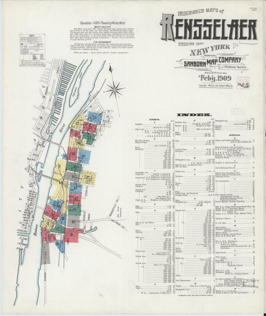 Sanborn Fire Insurance Map from Rensselaer, Rensselaer County, New York (1909), Sheet #0001 - Historic Sanborn Fire Insurance Map Print, vintage old map wall art, antique decor, genealogy gift, New York New York map