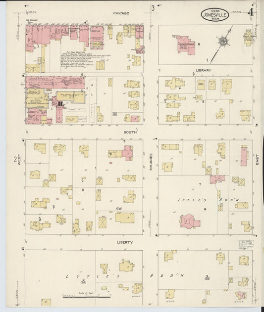 Sanborn Fire Insurance Map from Jonesville, Hillsdale County, Michigan (1913), Sheet #0004 - Historic Sanborn Fire Insurance Map Print, vintage old map wall art, antique decor, genealogy gift, Michigan Michigan map