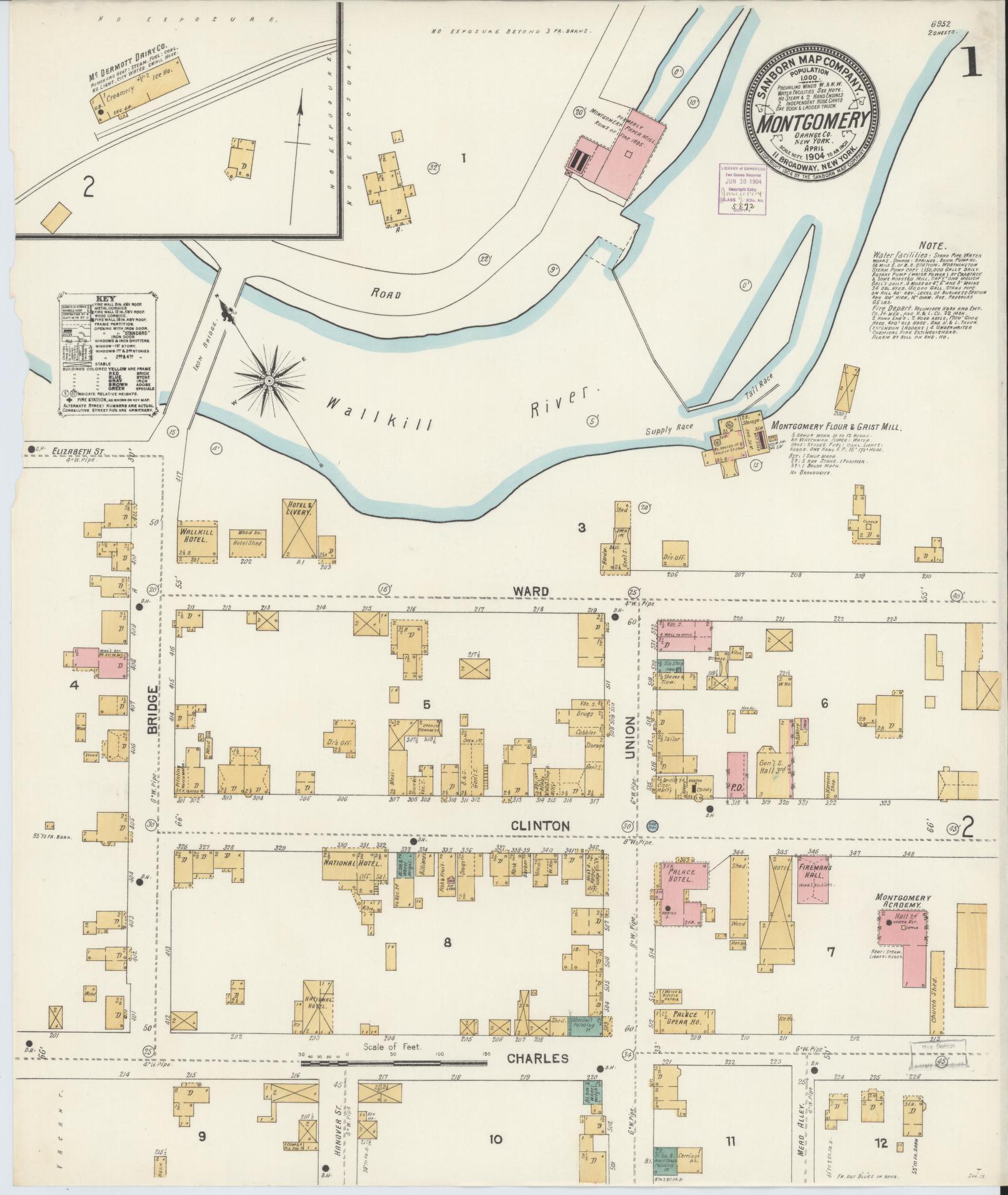Sanborn Fire Insurance Map from Montgomery, Orange County, New York (1904), Sheet #0001 - Historic Sanborn Fire Insurance Map Print, vintage old map wall art, antique decor, genealogy gift, New York New York map