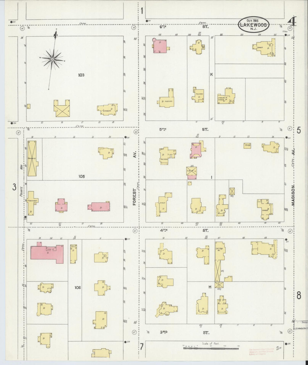 Sanborn Fire Insurance Map from Lakewood, Ocean County, New Jersey (1905), Sheet #0004 - Complete Map Set gallery image, historic Sanborn map, vintage wall art, New Jersey New Jersey