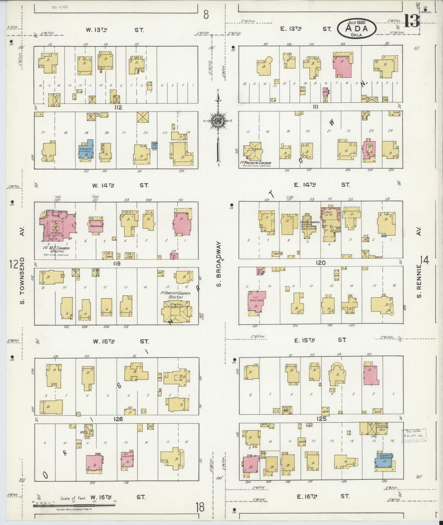 Sanborn Fire Insurance Map from Ada, Pontotoc County, Oklahoma (1920), Sheet #0013 - Complete Map Set gallery image, historic Sanborn map, vintage wall art, Oklahoma Oklahoma