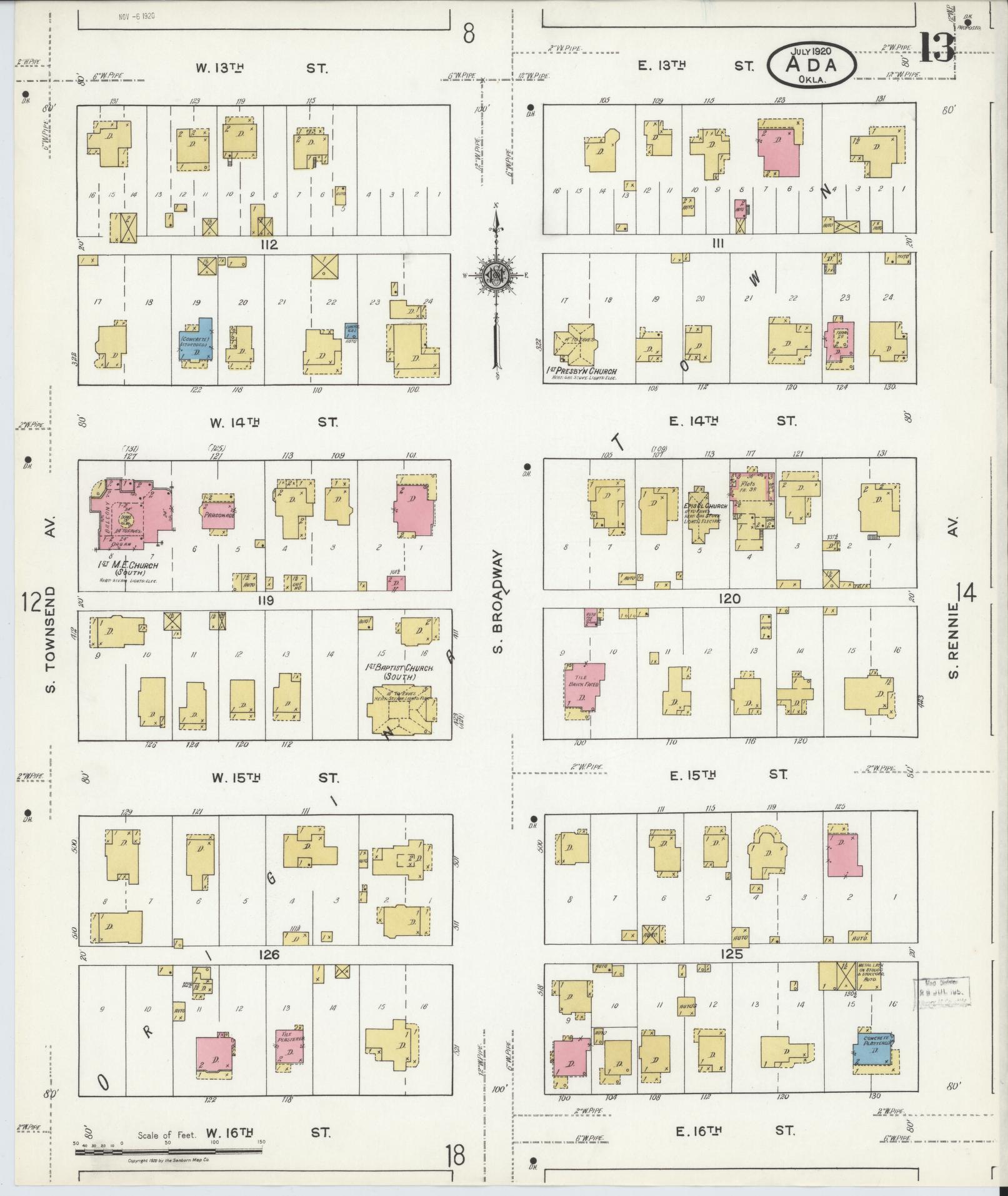 Sanborn Fire Insurance Map from Ada, Pontotoc County, Oklahoma (1920), Sheet #0013 - Complete Map Set gallery image, historic Sanborn map, vintage wall art, Oklahoma Oklahoma