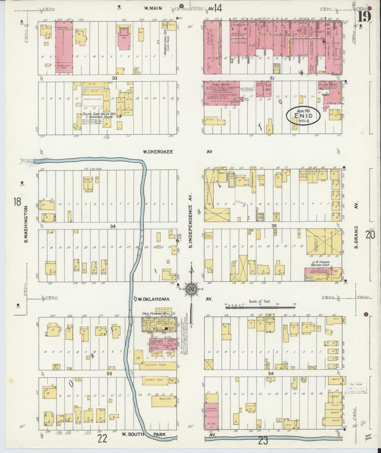 Sanborn Fire Insurance Map from Enid, Garfield County, Oklahoma (1911), Sheet #0019 - Historic Sanborn Fire Insurance Map Print, vintage old map wall art, antique decor, genealogy gift, Oklahoma Oklahoma map