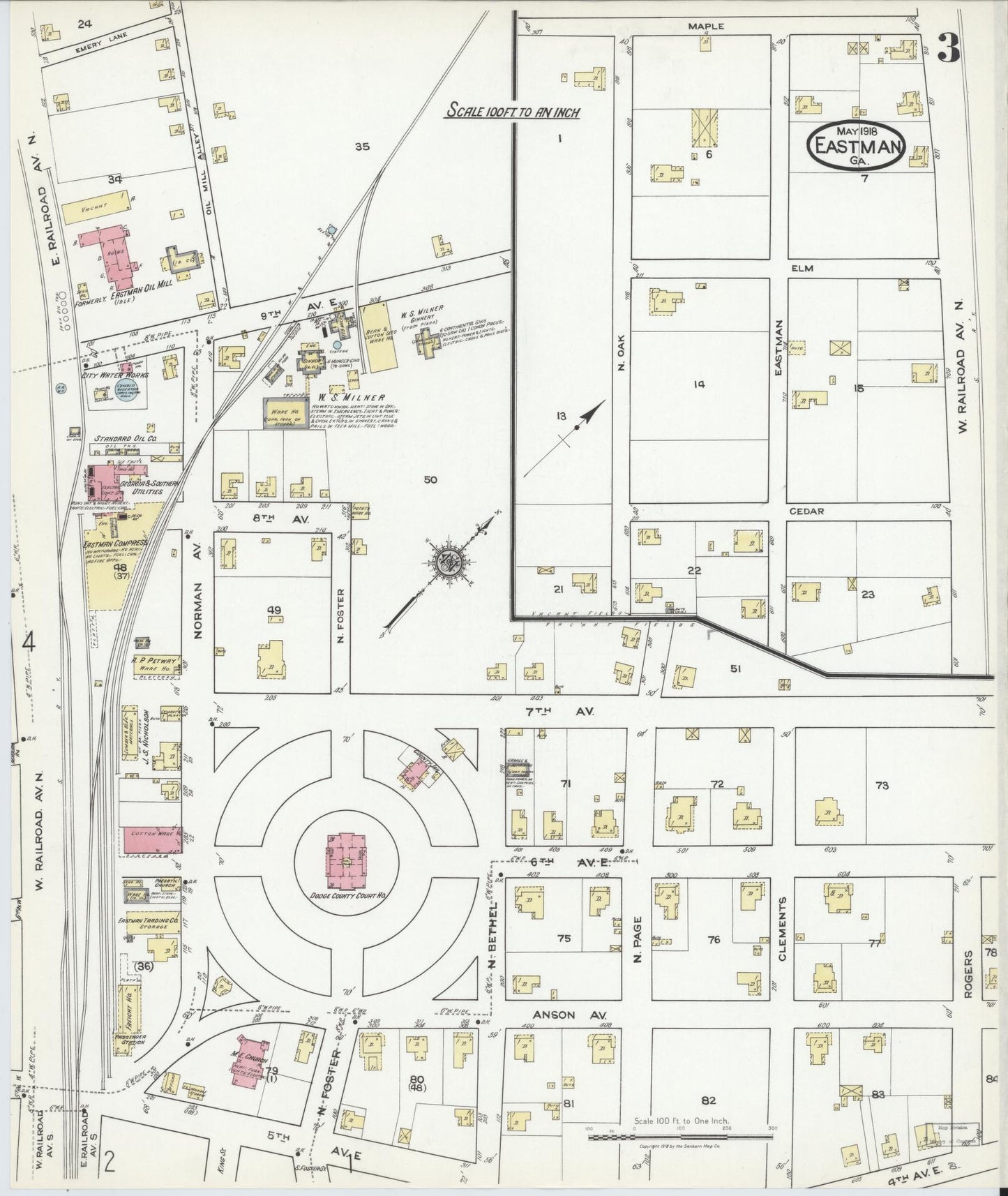 Sanborn Fire Insurance Map from Eastman, Dodge County, Georgia (1918), Sheet #0003 - Complete Map Set gallery image, historic Sanborn map, vintage wall art, Georgia Georgia