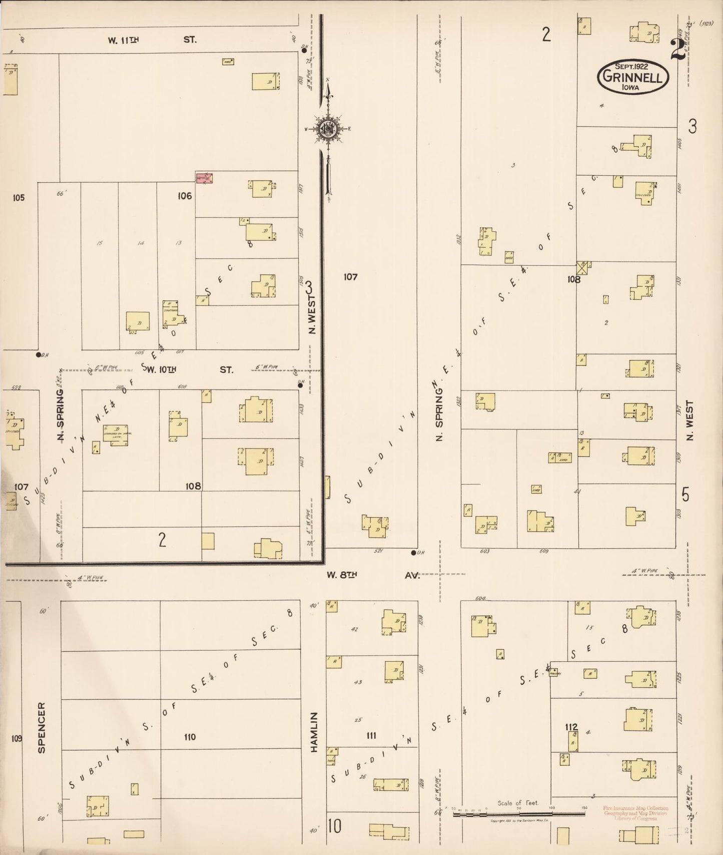 Sanborn Fire Insurance Map from Grinnell, Poweshiek County, Iowa (1922), Sheet #0002 - Historic Sanborn Fire Insurance Map Print, vintage old map wall art