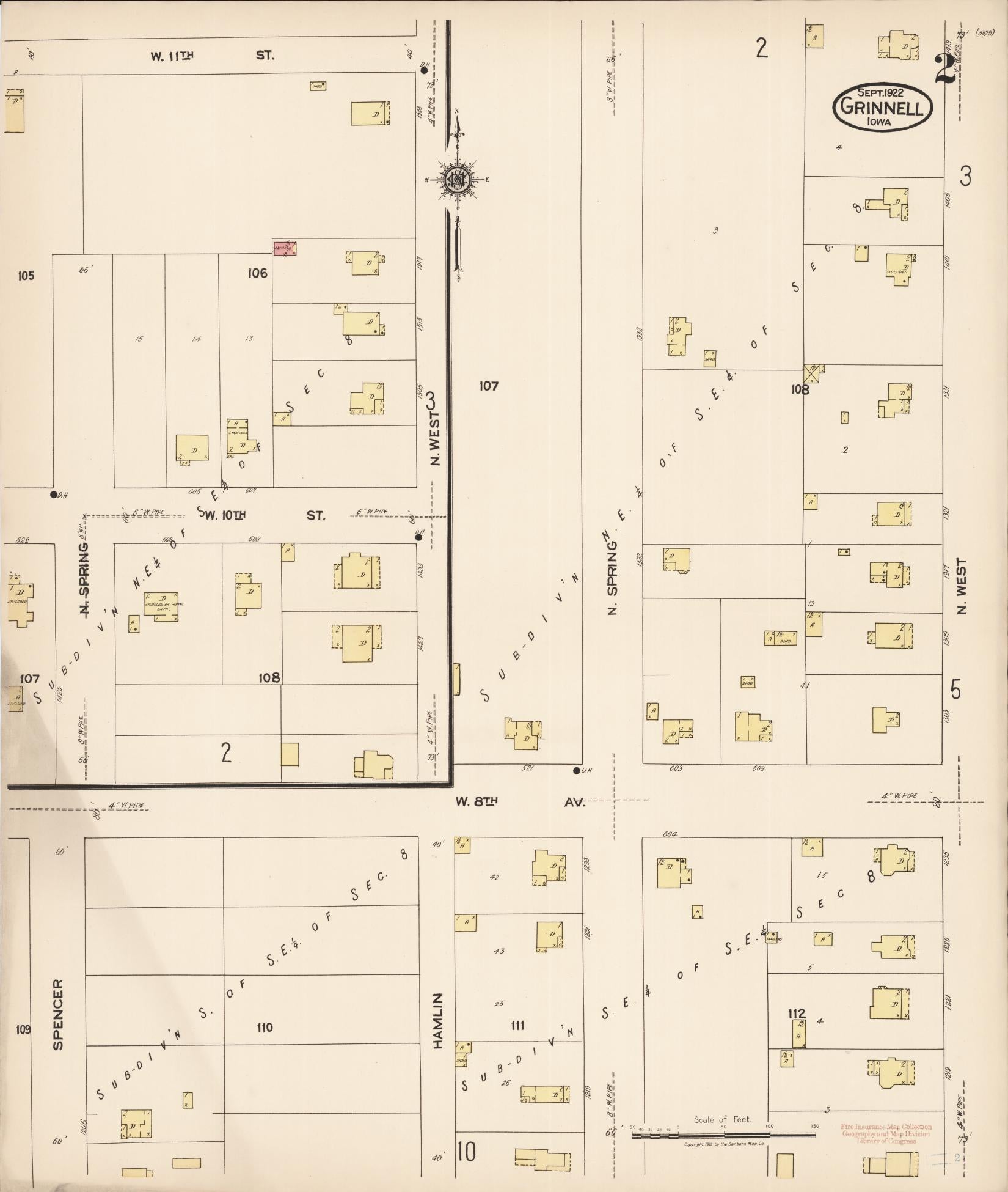 Sanborn Fire Insurance Map from Grinnell, Poweshiek County, Iowa (1922), Sheet #0002 - Historic Sanborn Fire Insurance Map Print, vintage old map wall art