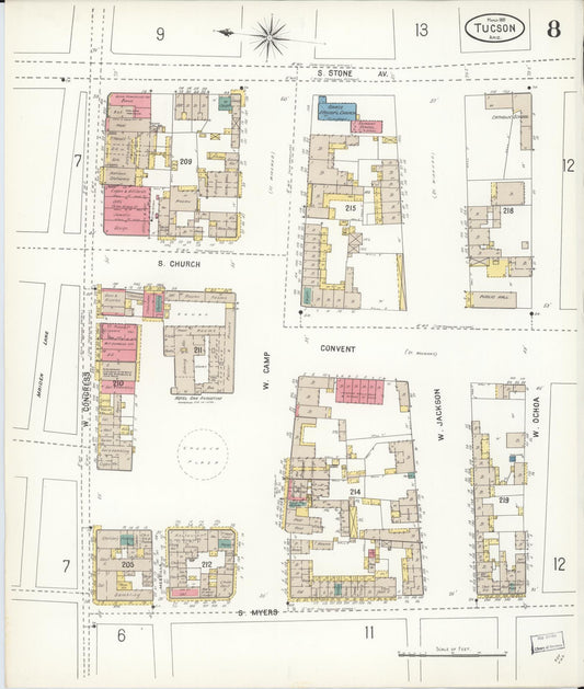 Sanborn Fire Insurance Map from Tucson, Pima County, Arizona (1901), Sheet #0008 - Historic Sanborn Fire Insurance Map Print, vintage old map wall art, antique decor, genealogy gift, Arizona Arizona map