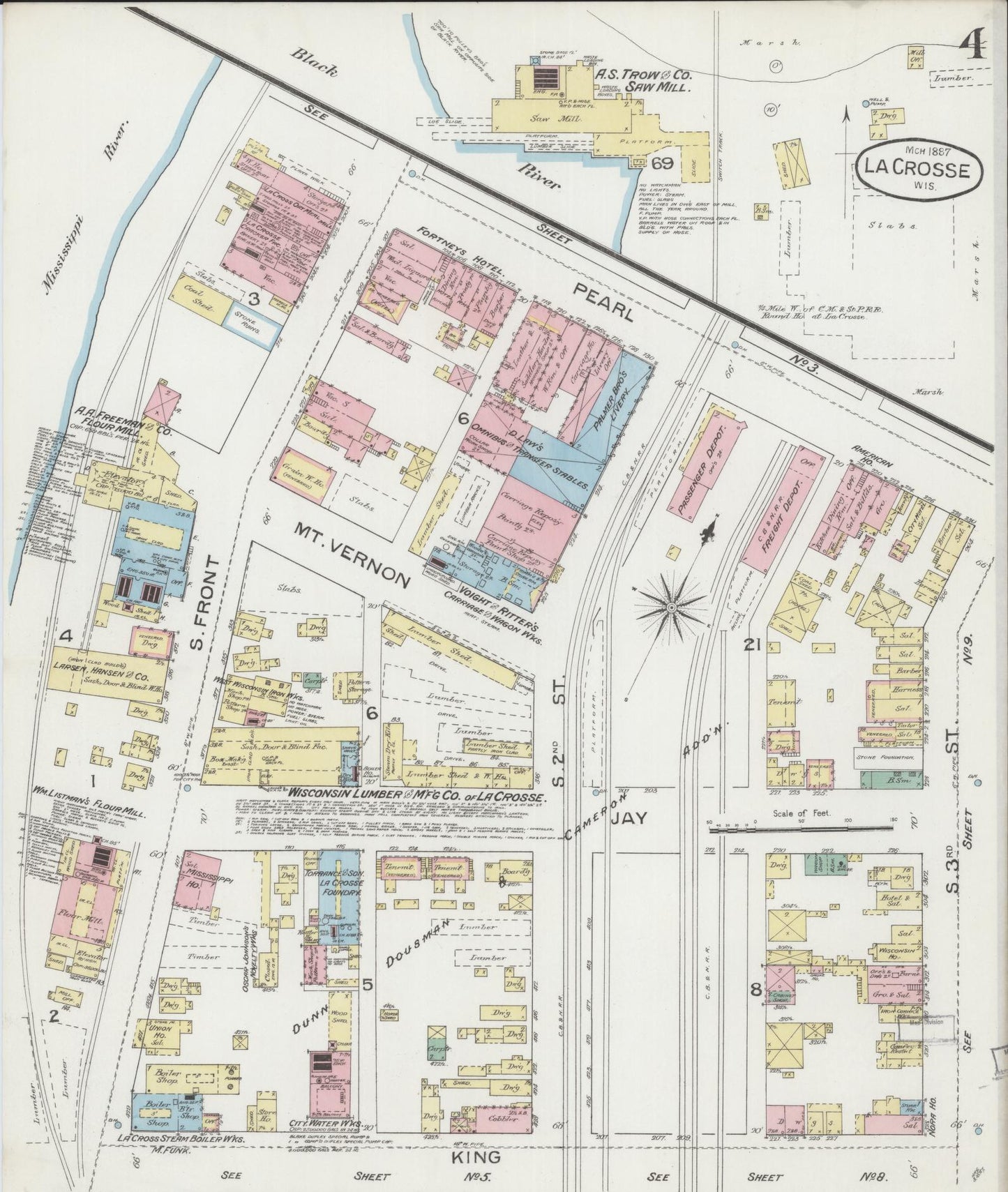 Sanborn Fire Insurance Map from La Crosse, La Crosse County, Wisconsin (1887), Sheet #0004 - Historic Sanborn Fire Insurance Map Print, vintage old map wall art, antique decor, genealogy gift, Wisconsin Wisconsin map