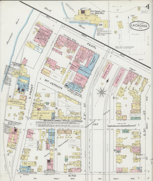 Sanborn Fire Insurance Map from La Crosse, La Crosse County, Wisconsin (1887), Sheet #0004 - Historic Sanborn Fire Insurance Map Print, vintage old map wall art, antique decor, genealogy gift, Wisconsin Wisconsin map
