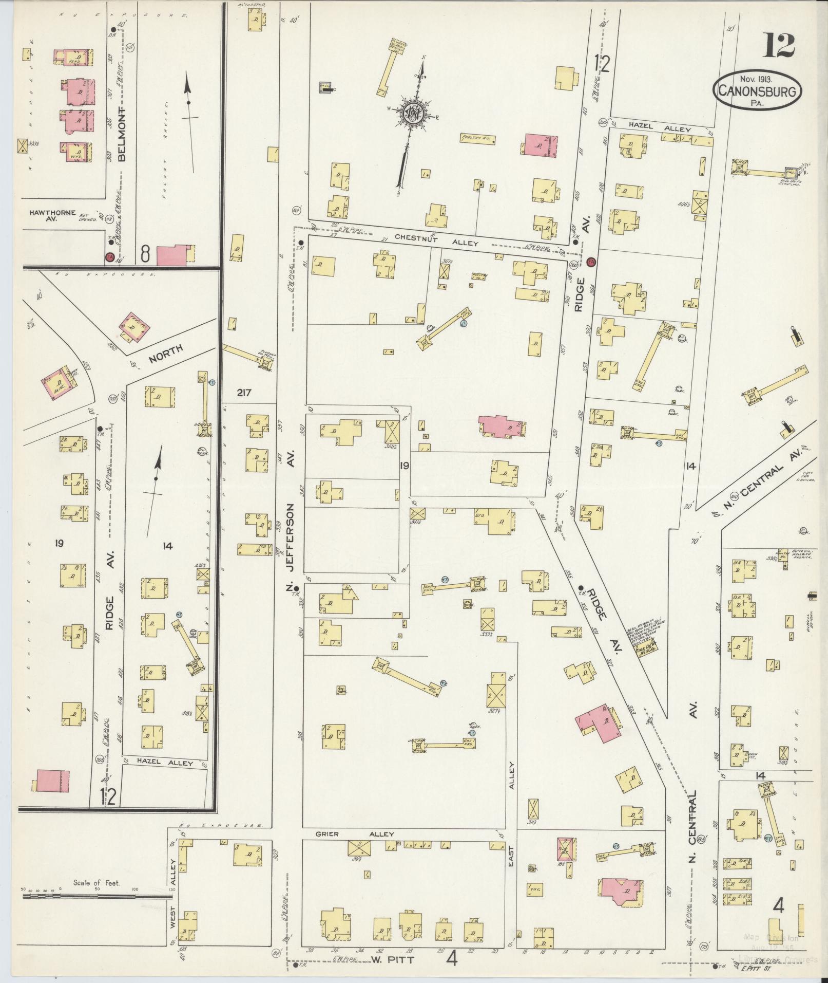 Sanborn Fire Insurance Map from Canonsburg, Washington County, Pennsylvania (1913), Sheet #0012 - Historic Sanborn Fire Insurance Map Print, vintage old map wall art, antique decor, genealogy gift, Pennsylvania Pennsylvania map