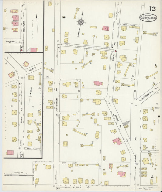 Sanborn Fire Insurance Map from Canonsburg, Washington County, Pennsylvania (1913), Sheet #0012 - Historic Sanborn Fire Insurance Map Print, vintage old map wall art, antique decor, genealogy gift, Pennsylvania Pennsylvania map