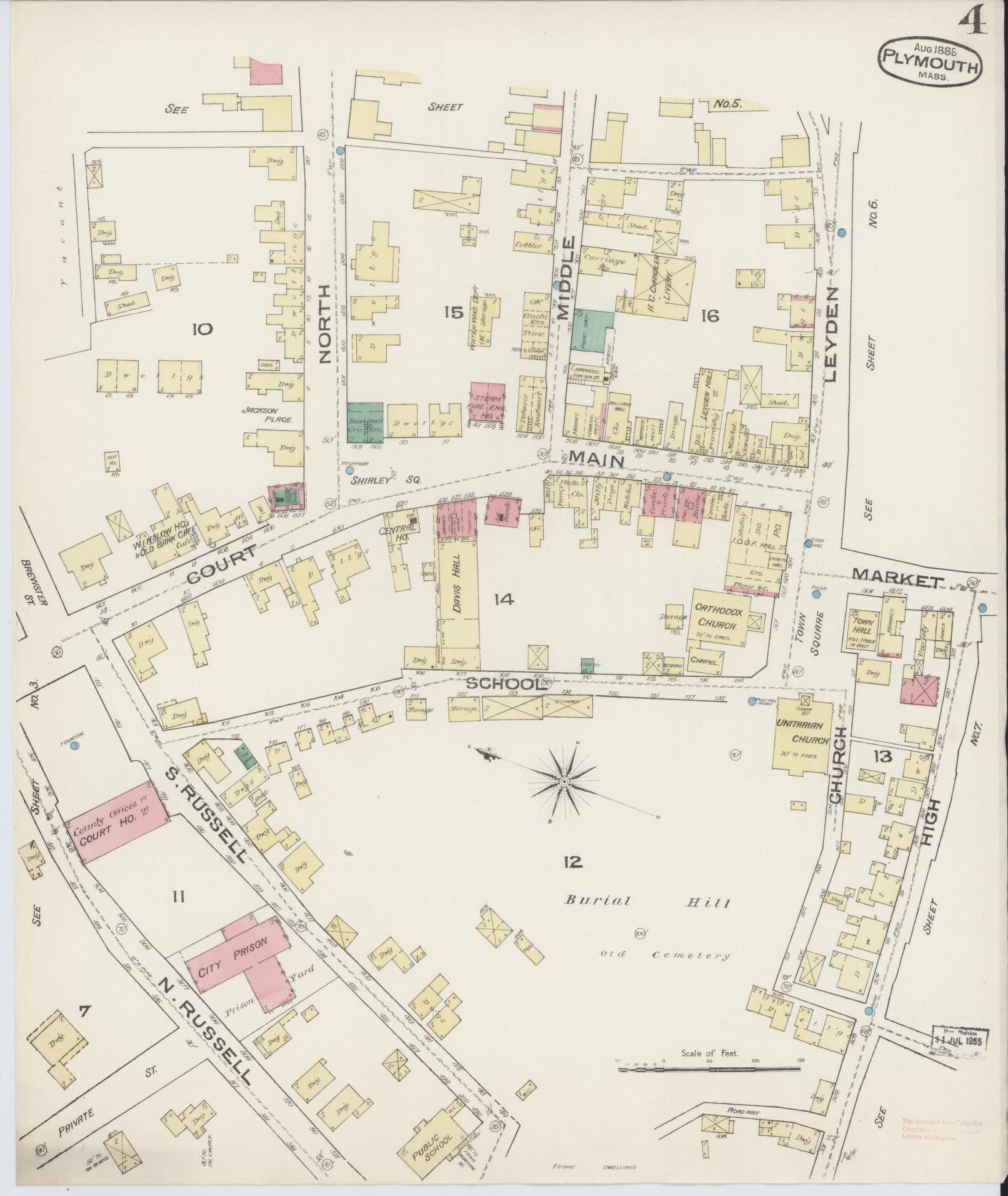 Sanborn Fire Insurance Map from Plymouth, Plymouth County, Massachusetts (1885), Sheet #0004 - Complete Map Set gallery image, historic Sanborn map, vintage wall art, Massachusetts Massachusetts