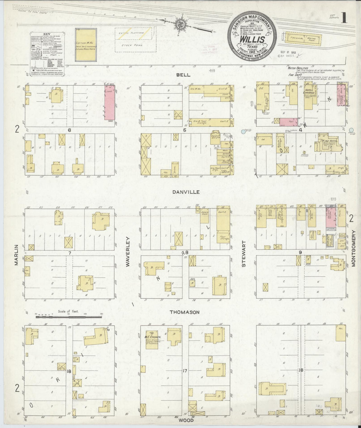 Sanborn Fire Insurance Map from Willis, Montgomery County, Texas (1912), Sheet #0001 - Complete Map Set gallery image, historic Sanborn map, vintage wall art, Texas Texas