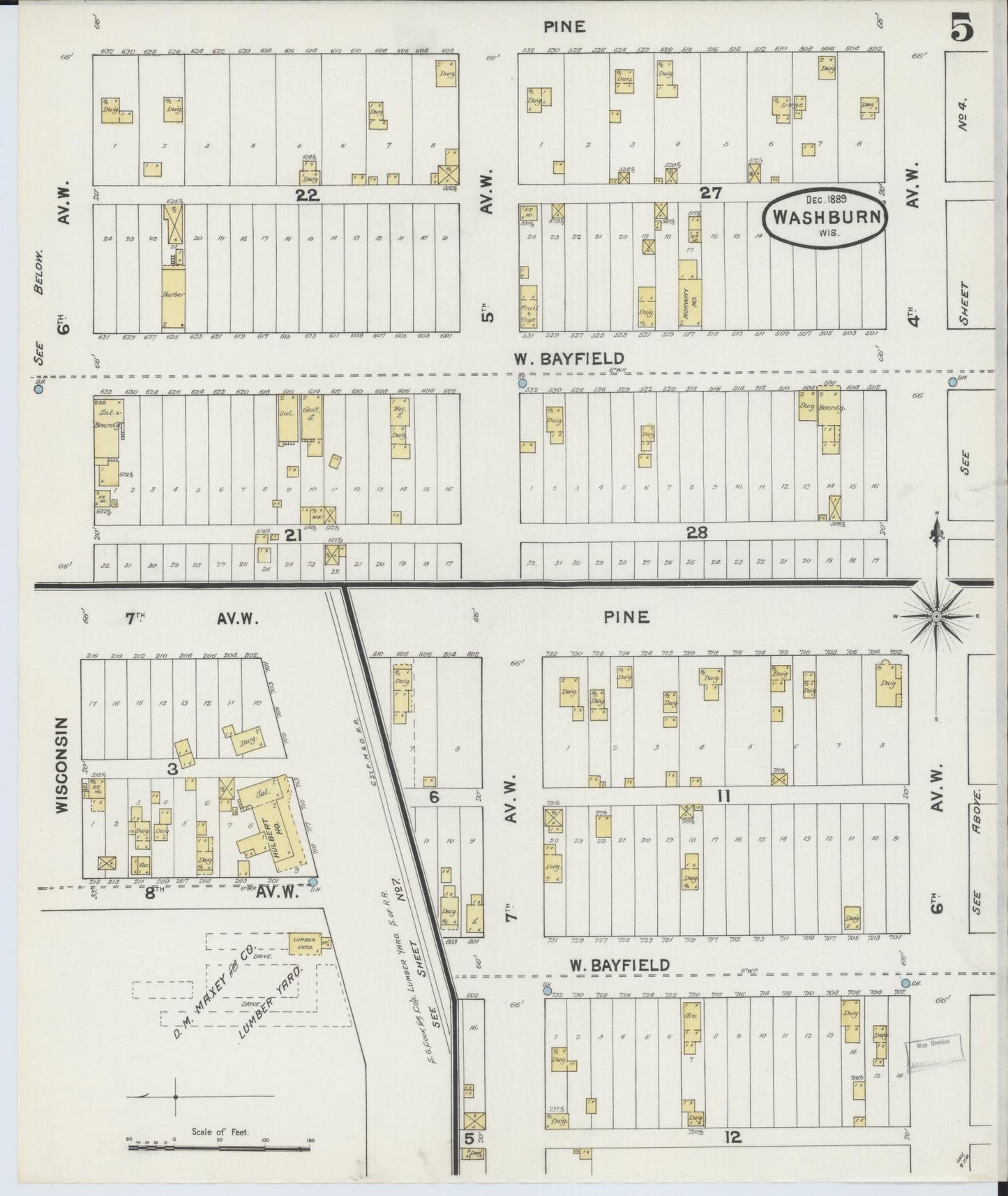 Sanborn Fire Insurance Map from Washburn, Bayfield County, Wisconsin (1889), Sheet #0005 - Complete Map Set gallery image, historic Sanborn map, vintage wall art, Wisconsin Wisconsin